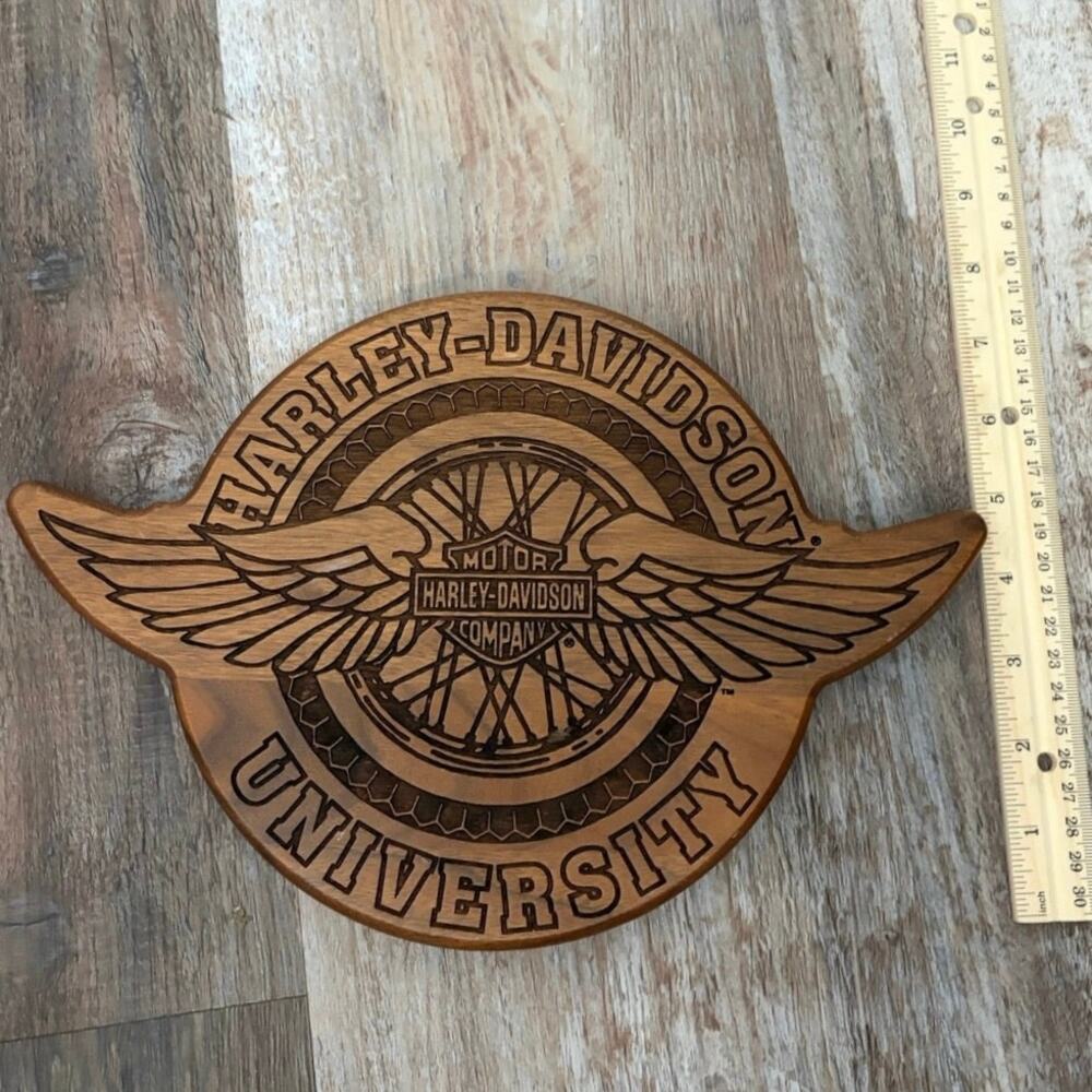 Harley-Davidson University Wood Plaque engraved winged Bar & Shield logo EUC VTG